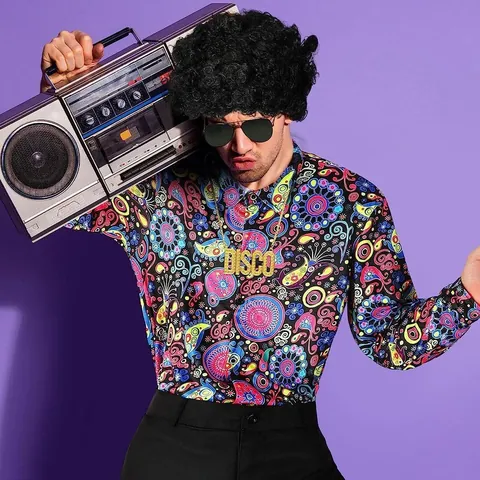 Disfraz de Disco Retro Unisex Camisa de Manga Larga con Estampado Floral y Pantalones de Campana con Lentejuelas Negras