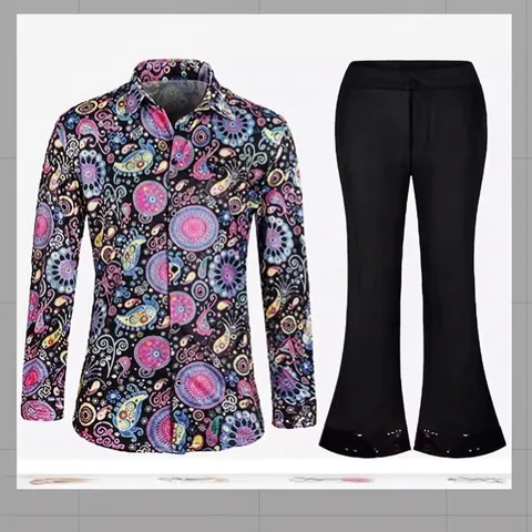 Disfraz de Disco Retro Unisex Camisa de Manga Larga con Estampado Floral y Pantalones de Campana con Lentejuelas Negras