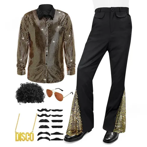 Men Retro 70s Disco Performance Costume Set Sequin Long Sleeve Shirt And Flared Pants With Wig Sunglasses Necklace Outfit