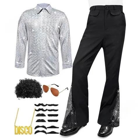 Men Retro 70s Disco Performance Costume Set Sequin Long Sleeve Shirt And Flared Pants With Wig Sunglasses Necklace Outfit