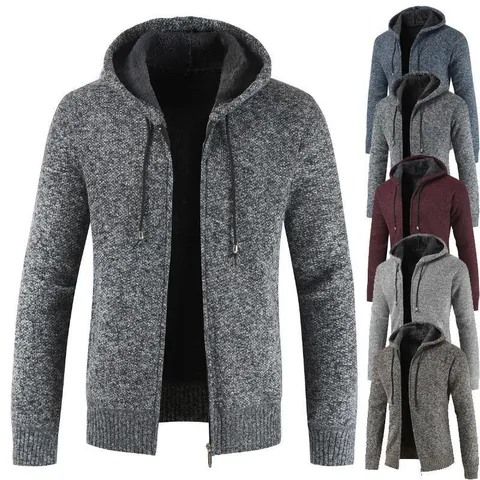 Men Casual Cotton Blend Knitted Hooded Cardigan Fleece Lined Thermal Zip Up Sweater Jacket For Winter Outdoor Urban Fashion