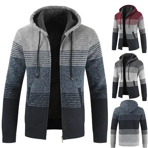 Heren Kleurblok Gebreid Vest met Capuchon Fleece Gevoerd Verdikte Rits Gebreide Jas Warme Bovenkleding Winter Top