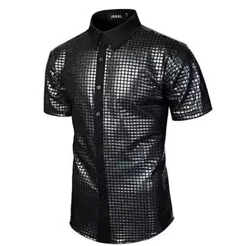 Camisa de Lentejuelas Disco de los 70 para Hombre Top de Manga Corta con Botones Metálico Brillante Rejilla para Fiesta Cosplay Disfraz Actuación Retro