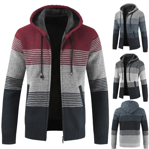 Heren Kleurblok Gebreid Vest met Capuchon Fleece Gevoerd Verdikte Rits Gebreide Jas Warme Bovenkleding Winter Top