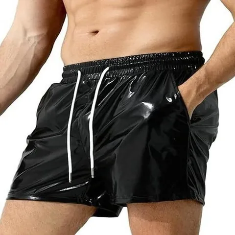 Men Metallic Shiny Faux Leather Shorts Elastic Drawstring Waist Casual Beach Party Clubwear Metallic Coating Fashion Shorts