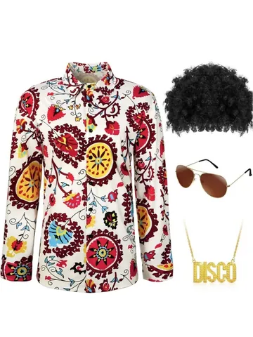 Disfraz de Disco de los 70 para Hombre Camisa Vintage con Estampado Floral Hippie Con Peluca Afro Gafas de Sol Collar Halloween Set