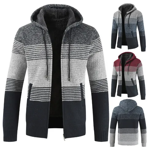 Heren Casual Kleurenblok GestreEPT Fleece Gevoerd Met Capuchon Cardigan Trui Winter Warm Lang Mouw Gebreide Bovenkleding Jas