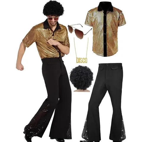 Conjunto de Disfraz de Disco de los 70 para Hombre Camisa con Lentejuelas Pantalones de Campana Peluca Afro Gafas de Sol