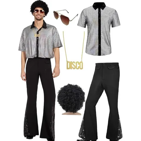Conjunto de Disfraz de Disco de los 70 para Hombre Camisa con Lentejuelas Pantalones de Campana Peluca Afro Gafas de Sol