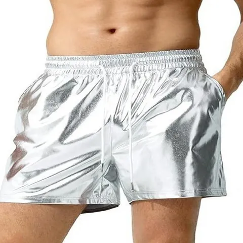 Men Metallic Shiny Faux Leather Shorts Elastic Drawstring Waist Casual Beach Party Clubwear Metallic Coating Fashion Shorts