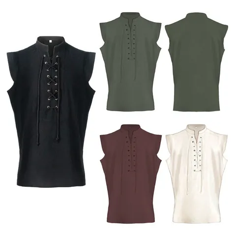 Medieval Men's Vintage Cotton Vest Renaissance Lace-Up Victorian Steampunk Sleeveless Waistcoat Halloween Cosplay Top