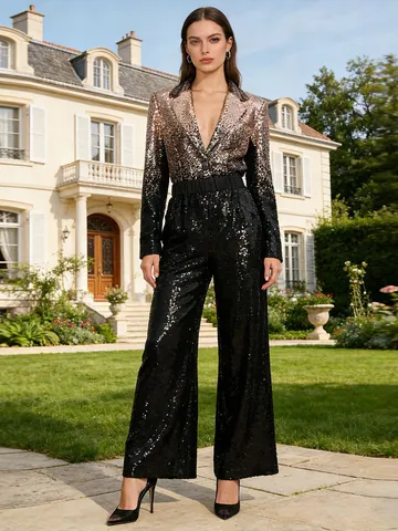 Damen Elegant Pailletten Zweiteiler Anzug Set Farbverlauf Langarm Blazer und Weite Hose Abendparty Kleidung Outfits
