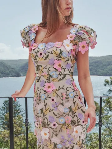 Frans Elegant Maxi Jurk Vierkante Hals 3D Bloemen Borduurwerk Bodycon Mesh Floral Slim Fit Feestjurk Voor Vrouwen