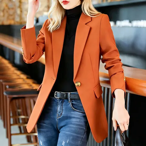 Damen Slim Fit Blazer Reverskragen Ein-Knopf Büro Damen Formal Jacke Mit Goldenen Knöpfen Langarm Oberbekleidung Top
