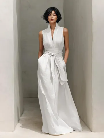 Robe Longue Élégante pour Femmes Sans Manches Col en V Couleur Unie Taille Nouée Vacances Été Polyester Spandex