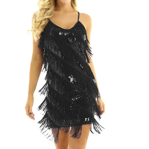 Mini Robe à Bretelles Col en V à Paillettes et Glands pour Femmes Polyester Franges Brillantes Sans Manches Dos Nu Robe de Soirée Vacances Plage