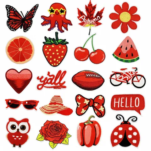 Red Series Embroidery Patches Polyester Thread Computer Embroidered Floral Animal Fruit Iron On Decorative Repair Patches For Clothing Bags DIY