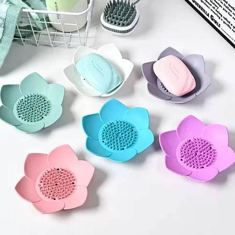 Lotus Flower Shape Silicone Soap Dish Holder 3D Floral Drainage Non-Slip Soap Saver Tray For Bathroom Kitchen Shower Sink