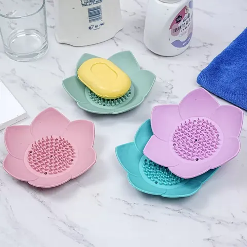 Lotus Flower Shape Silicone Soap Dish Holder 3D Floral Drainage Non-Slip Soap Saver Tray For Bathroom Kitchen Shower Sink