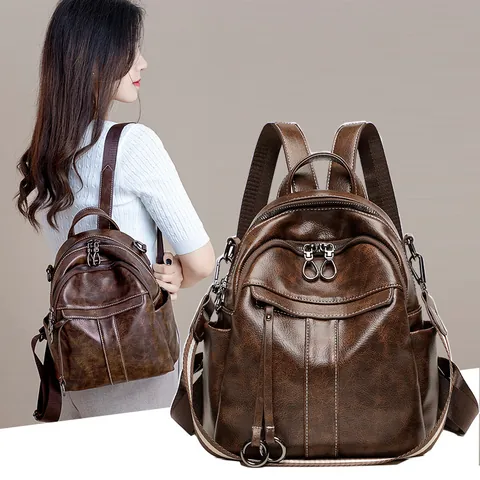Damen Mode Kunstleder Oxford Gewebe Rucksack Lässig Reisen Retro Weich Geräumig Multi Tasche Täglich Buch Tasche Mädchen