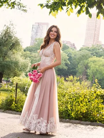 Elegante Abito Maxi in Pizzo Rosa per Donna Senza Maniche Scollo a V Slim Fit Mesh Festa Serale Stile Socialite Abito Lungo