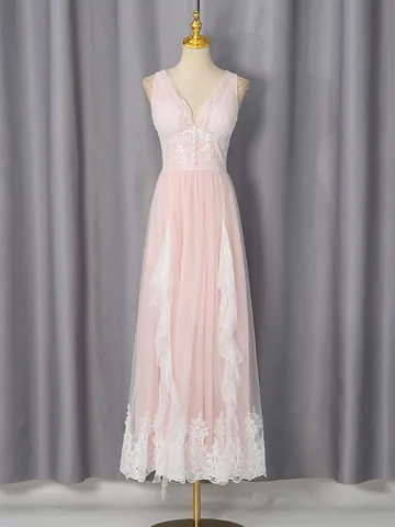 Elegante Abito Maxi in Pizzo Rosa per Donna Senza Maniche Scollo a V Slim Fit Mesh Festa Serale Stile Socialite Abito Lungo