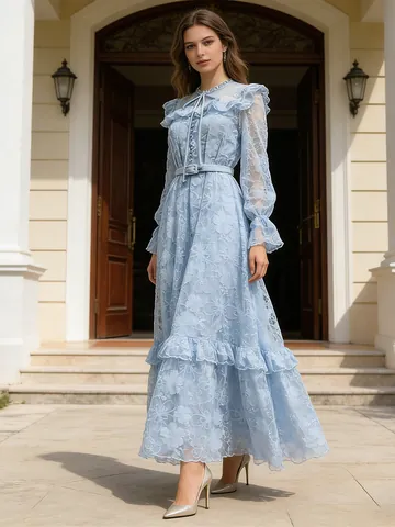 Elegant Retro Lace Maxi Dress For Women Lantern Sleeve High Waist Patchwork Long Sleeve Pink Blue Apricot Banquet Dress