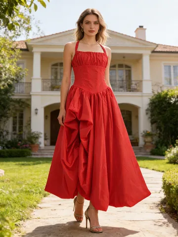 Elegant Vintage Halter Neck Backless Maxi Dress For Women 3D Floral Pleated High Waist Slim Fit Polyester Party Gown