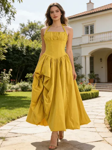 Elegant Vintage Halter Neck Backless Maxi Dress For Women 3D Floral Pleated High Waist Slim Fit Polyester Party Gown