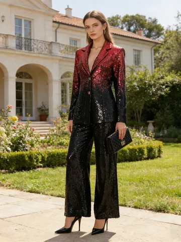 Damen Elegant Pailletten Zweiteiler Anzug Set Farbverlauf Langarm Blazer und Weite Hose Abendparty Kleidung Outfits
