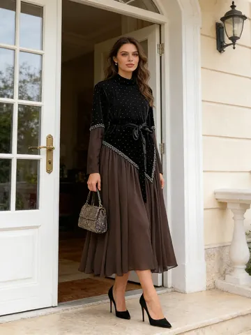 Elegant Velvet Mesh Patchwork Maxi Dress Women Autumn Long Sleeve Waist Slimming Pleated Party Evening Gown Lady Clothes