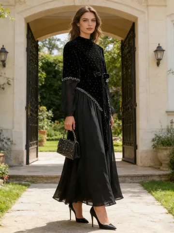 Elegant Velvet Mesh Patchwork Maxi Dress Women Autumn Long Sleeve Waist Slimming Pleated Party Evening Gown Lady Clothes