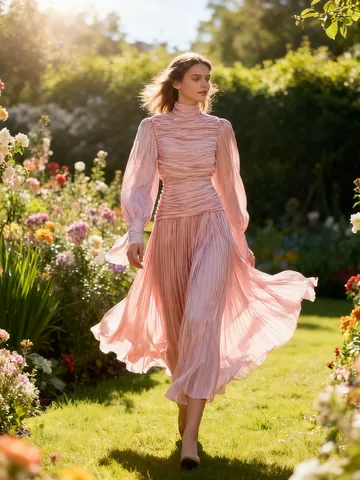 Vestido Maxi Fruncido Estilo Francés Poliéster Algodón Elegante Cuello Alto Manga Larga Dobladillo Irregular Vestido Color Sólido para Mujer