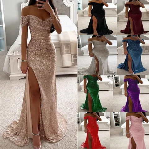 Women Elegant Off Shoulder Sequin Evening Dress Sexy High Side Split Floor Length Party Gown Shiny Polyester Prom Dress