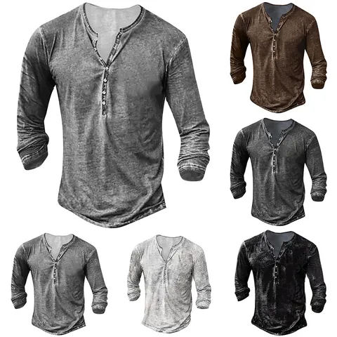 Herren Henley-Ausschnitt Langarm T-Shirt Vintage Schneeflocke Acid Wash 3D Digitaldruck Hip Hop Casual Polyester Top