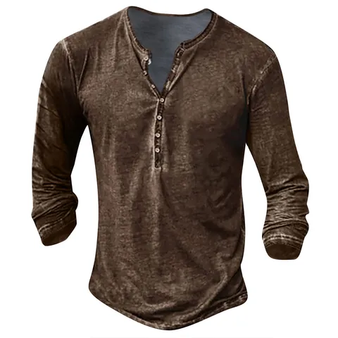 Herren Henley-Ausschnitt Langarm T-Shirt Vintage Schneeflocke Acid Wash 3D Digitaldruck Hip Hop Casual Polyester Top
