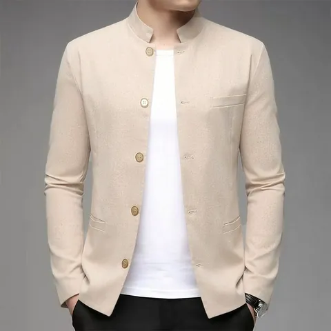 Men Modern Chinese Style Cotton Linen Blazer Jacket Slim Fit Stand Collar Zhongshan Suit Top Solid Color Casual Outerwear