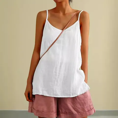 Débardeur Femme en Coton Lin Décontracté Sans Manches Col en V Fines Bretelles Cami Couleur Unie Haut Ample pour Vacances