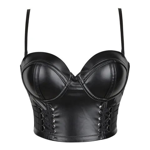 Corsetto da Donna Sexy Stile Punk in Ecopelle Bustier Patchwork Leopardato Con Cinturini Fibbia Posteriore Slim Fit Party Crop Top