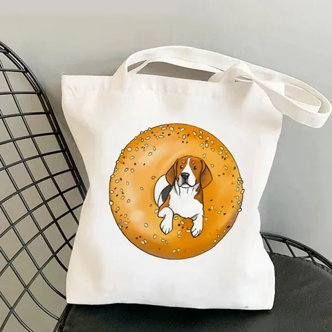 Women Cartoon Beagle Dog Printed Canvas Tote Bag Harajuku Style Cute Animal Graphic Eco Friendly Reusable Shopping Handbag For Daily Use