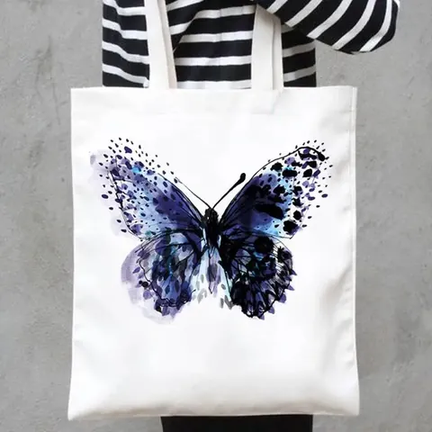 Women's Cute Butterfly Printed Canvas Tote Bag Eco Friendly Reusable Shopping Handbag For Casual Daily Travel Beach
