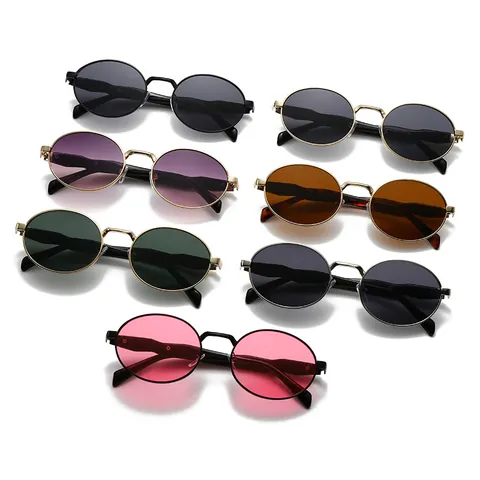 Vintage Oval Metal Frame Sunglasses For Women Men Fashion Retro Street Beat Sunshade Eyewear Luxury Metallic Texture UV400 Sunglasses