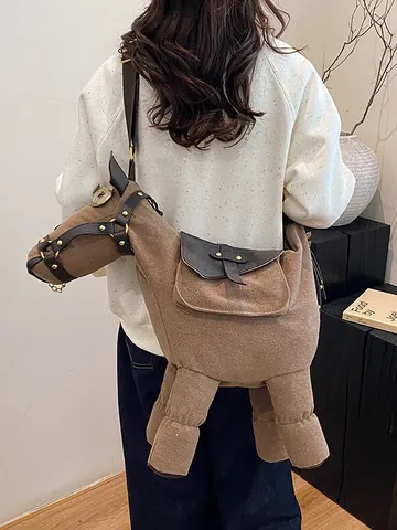 Niche Design Funny Donkey Shape Canvas Crossbody Bag For Women 3D Animal Novelty Shoulder Bag Metal Rivet Gray Brown Unique Handbag