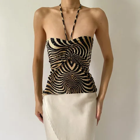 Women Zebra Print Sequin Halter Top Sexy Backless Ruched Sleeveless Vest Hot Girl Summer Fashion Streetwear Top