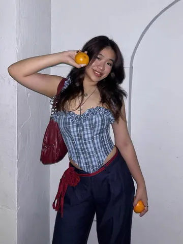 Women Summer Plaid Denim Style Tube Top and Dark Blue Wide Leg Pants Set with 3D Flower Belt Elegant Streetwear Clothing