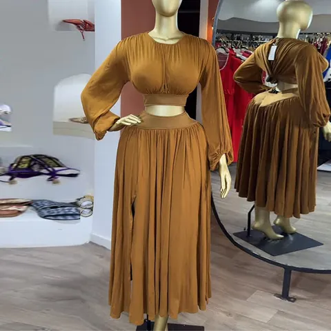 Conjunto De Dos Piezas De Camisa Corta De Manga Linterna Y Falda Larga De Línea A Con Abertura Top And Bottom Para Mujer