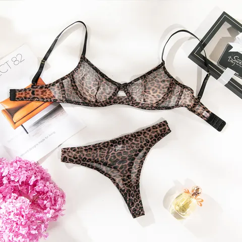 Franse Stijl Sexy Luipaardprint Mesh Lingerie Top en Broekje Transparante Dunne Bh en Slip Mode Ondergoed voor Dames