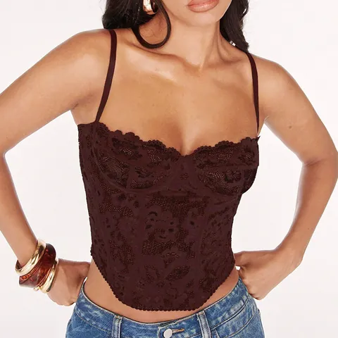 Top Corsetto Donna Sexy Pizzo Bustier Steccato Floreale Mesh Canotta Push Up Reggiseno Spalline Regolabili Party Top