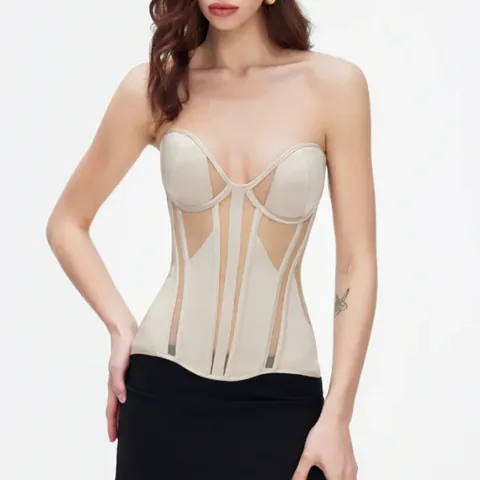 Top Corsetto in Mesh Trasparente Sexy da Donna Stile Y2K con Stecche a Lisca di Pesce Bustier Allacciatura Dietro Canotta