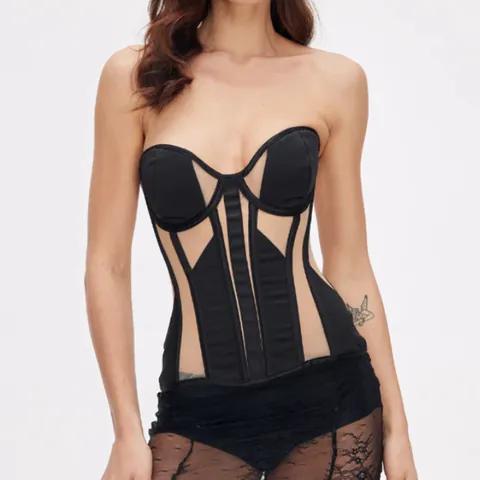 Top Corsetto in Mesh Trasparente Sexy da Donna Stile Y2K con Stecche a Lisca di Pesce Bustier Allacciatura Dietro Canotta
